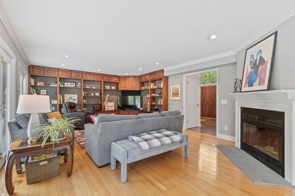 Fireplace, Interior, Living room, Recessed Lighting, Wood Texture Flooring