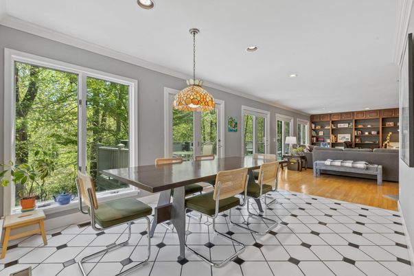 Dining room, Interior, Living room, Pendant Lights, Recessed Lighting, Wood Texture Flooring