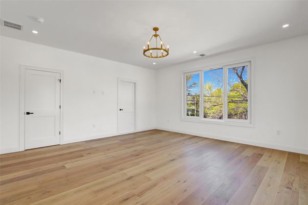 Chandelier, Empty room, Interior, Recessed Lighting, Wood Texture Flooring