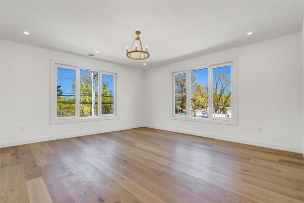 Empty room, Interior, Pendant Lights, Recessed Lighting, Wood Texture Flooring