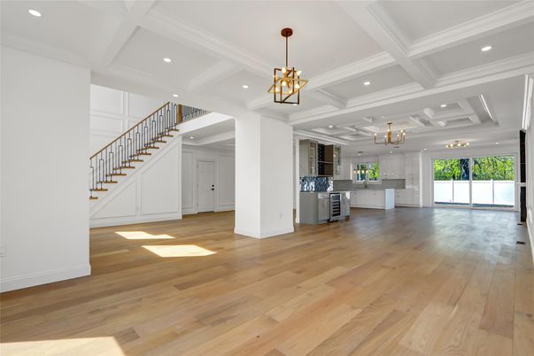 Chandelier, Interior, Kitchen, Pendant Lights, Recessed Lighting, Wood Texture Flooring