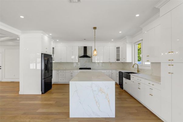Interior, Kitchen, Marble Walls, Pendant Lights, Recessed Lighting, Wood Texture Flooring
