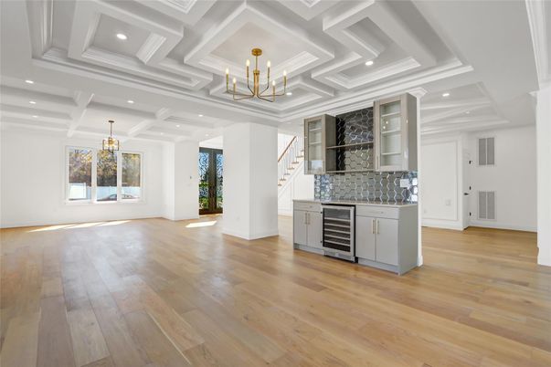 Chandelier, Empty room, Interior, Recessed Lighting, Wood Texture Flooring