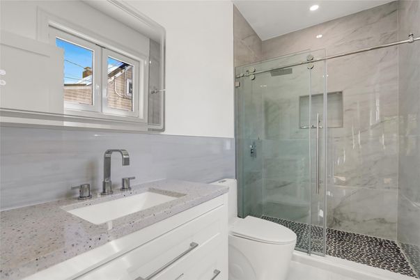 Bathroom, Glass Shower, Interior, Marble Walls, Recessed Lighting
