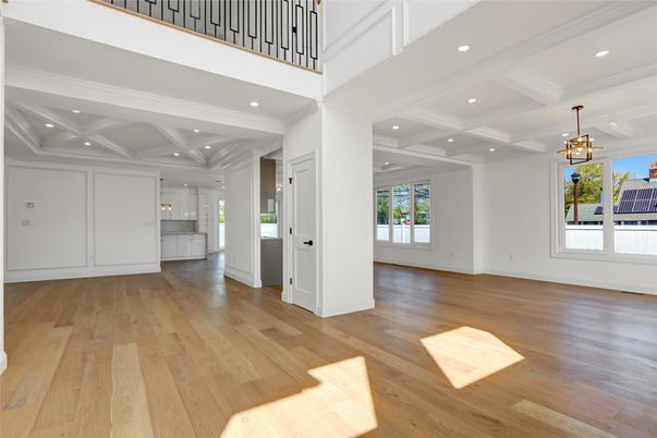 Empty room, Interior, Pendant Lights, Recessed Lighting, Wood Texture Flooring