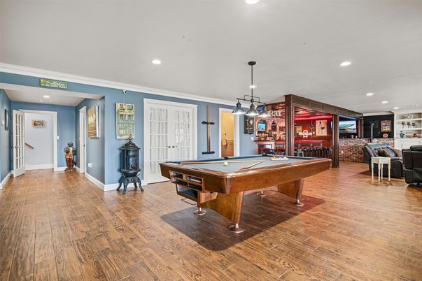 Billiard Table, Game Room, Interior, Pendant Lights, Recessed Lighting, Wood Texture Flooring