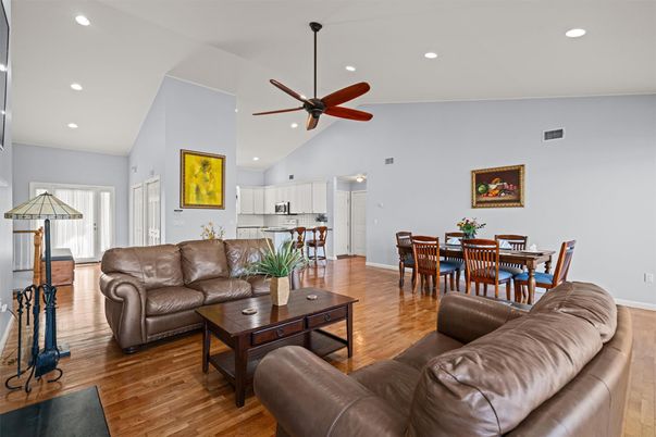 Dining room, Interior, Kitchen, Living room, Recessed Lighting, Wood Texture Flooring