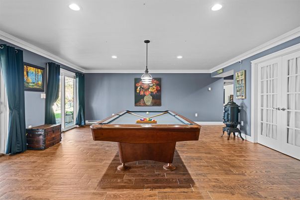 Billiard Table, Game Room, Interior, Pendant Lights, Recessed Lighting, Wood Texture Flooring