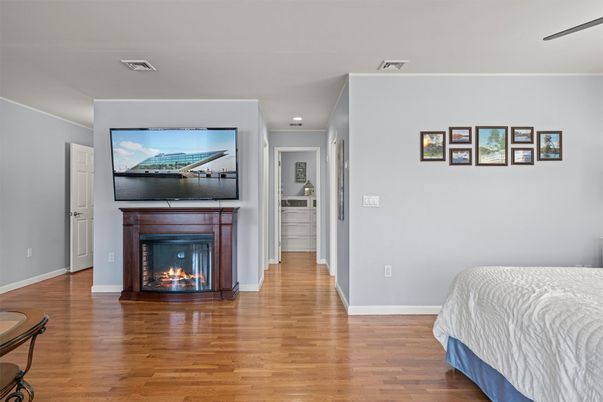 Fireplace, Interior, Recessed Lighting, Wood Texture Flooring