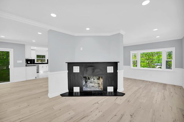 Empty room, Fireplace, Interior, Kitchen, Recessed Lighting, Wood Texture Flooring