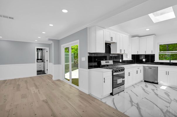 Interior, Kitchen, Marble, Recessed Lighting, Stainless Steel Appliances, Wood Texture Flooring