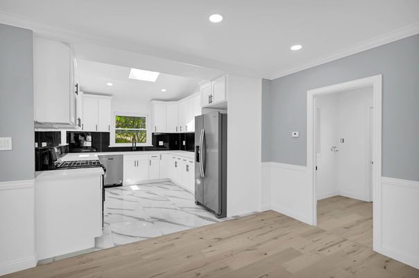 Interior, Kitchen, Marble, Recessed Lighting, Wood Texture Flooring