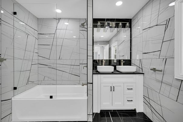 Bathroom, Dual Sink Vanities, Interior, Marble Walls, Recessed Lighting