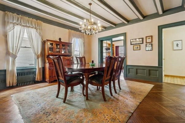 Chandelier, Dining room, Interior, Wooden Beams, Wood Texture Flooring