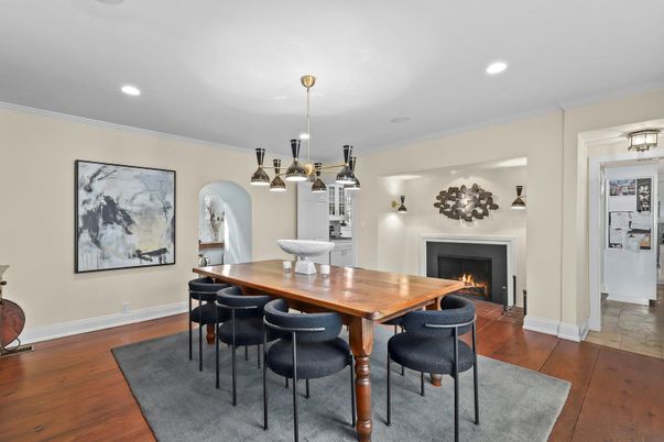 Dining room, Fireplace, Interior, Kitchen, Pendant Lights, Recessed Lighting, Wood Texture Flooring
