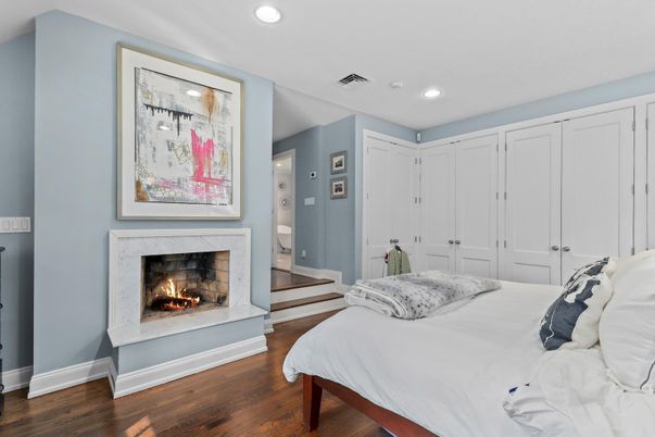 Bedroom, Fireplace, Interior, Recessed Lighting, Wood Texture Flooring