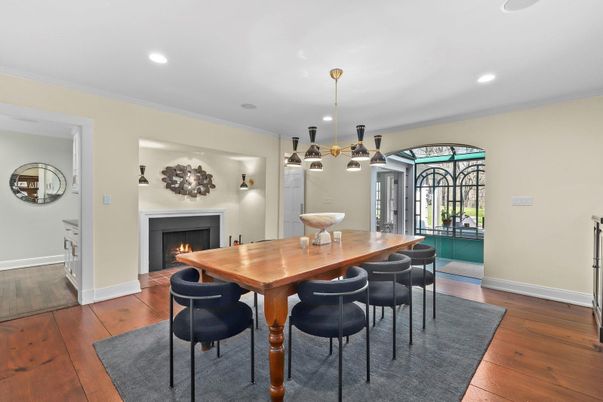 Dining room, Fireplace, Interior, Pendant Lights, Recessed Lighting, Wood Texture Flooring