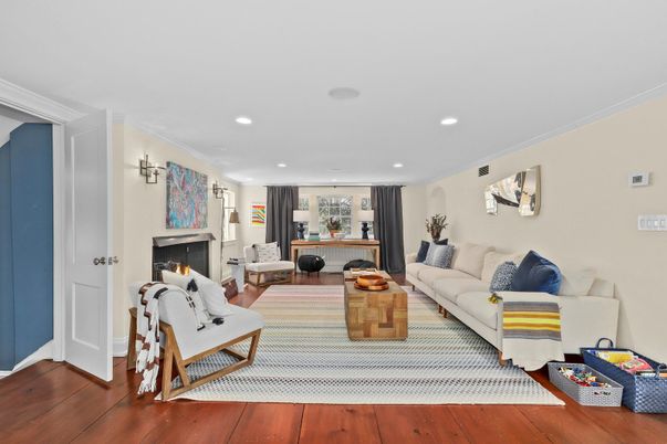 Fireplace, Interior, Living room, Recessed Lighting, Wood Texture Flooring