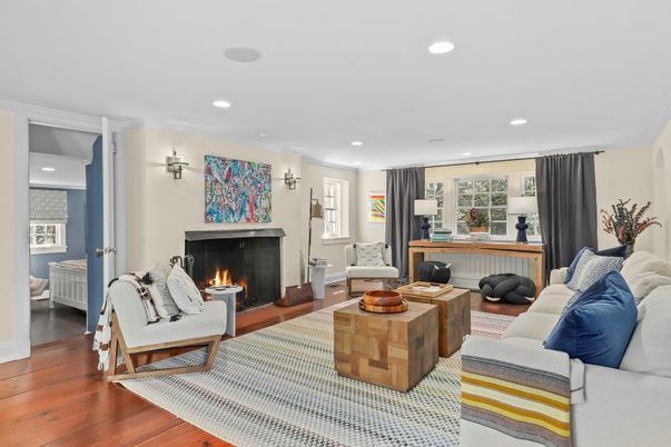 Fireplace, Interior, Living room, Recessed Lighting, Wood Texture Flooring
