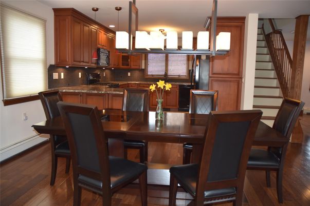 Dining room, Interior, Kitchen, Pendant Lights, Wood Texture Flooring