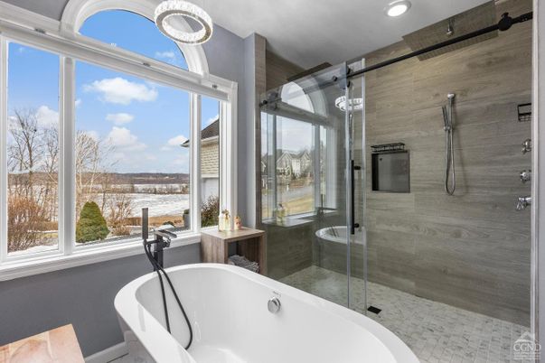 Bathroom, Free Standing Baths, Glass Shower, Interior, Pendant Lights, Recessed Lighting