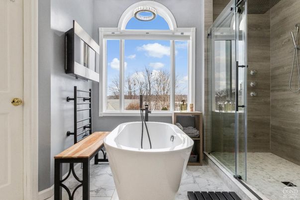 Bathroom, Free Standing Baths, Glass Shower, Interior, Marble