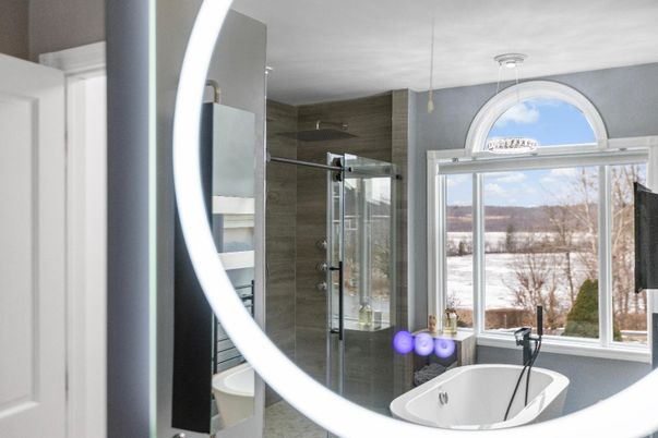 Bathroom, Glass Shower, Interior, Pendant Lights