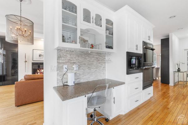 Chandelier, Fireplace, Interior, Kitchen, Living room, Pendant Lights, Wood Texture Flooring