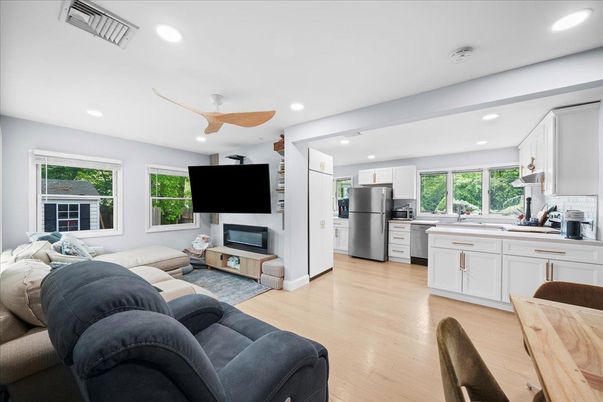 Interior, Kitchen, Living room, Recessed Lighting, Stainless Steel Appliances, Wood Texture Flooring