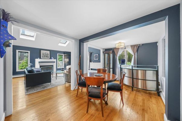Dining room, Fireplace, Interior, Living room, Wood Texture Flooring