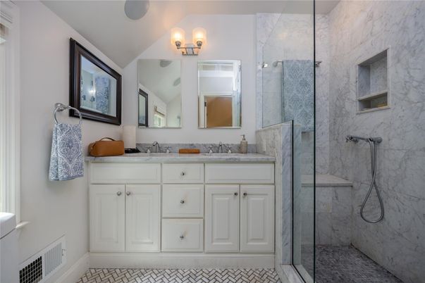 Bathroom, Dual Sink Vanities, Glass Shower, Interior, Marble Walls