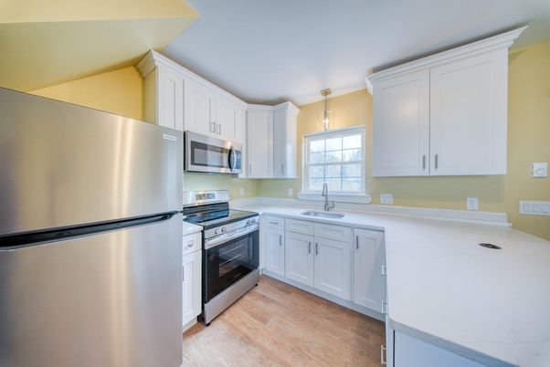 Interior, Kitchen, Pendant Lights, Stainless Steel Appliances, Wood Texture Flooring