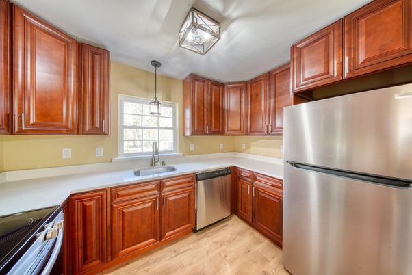 Interior, Kitchen, Pendant Lights, Stainless Steel Appliances, Wood Texture Flooring