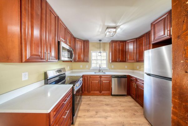 Interior, Kitchen, Pendant Lights, Stainless Steel Appliances, Wood Texture Flooring