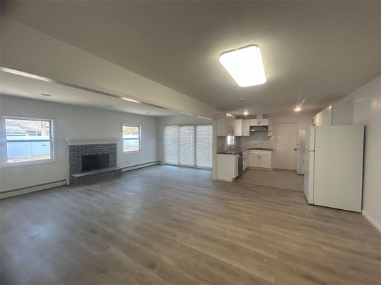 Empty room, Fireplace, Interior, Kitchen, Wood Texture Flooring