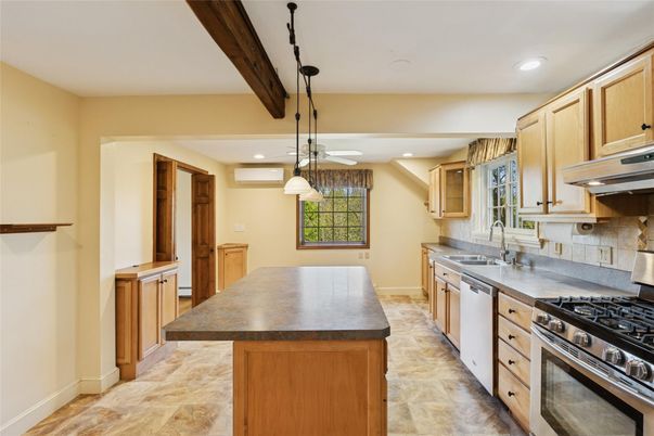 Interior, Kitchen, Pendant Lights, Recessed Lighting, Stainless Steel Appliances, Wooden Beams
