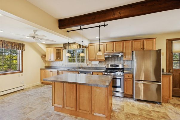 Interior, Kitchen, Pendant Lights, Recessed Lighting, Stainless Steel Appliances, Wooden Beams