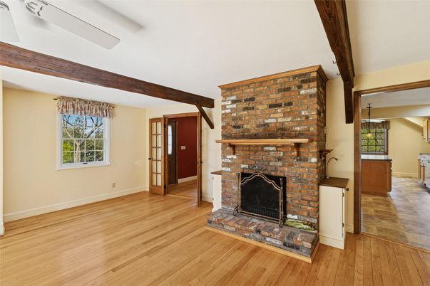 Empty room, Fireplace, Interior, Wooden Beams, Wood Texture Flooring