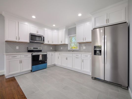Interior, Kitchen, Recessed Lighting, Stainless Steel Appliances, Wood Texture Flooring