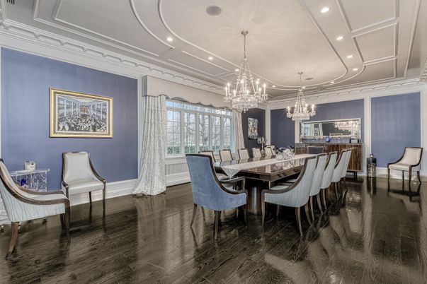 Chandelier, Dining room, Interior, Recessed Lighting, Wood Texture Flooring
