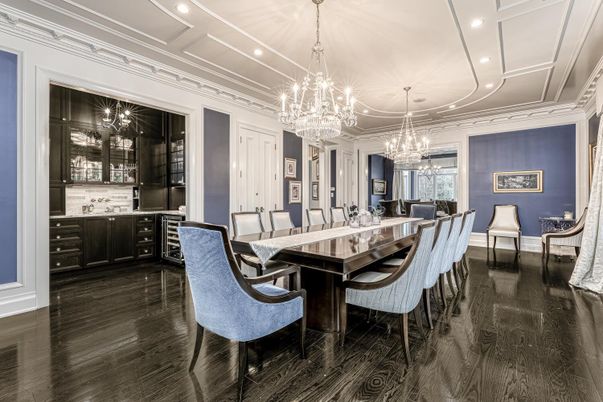 Chandelier, Dining room, Interior, Recessed Lighting, Wood Texture Flooring