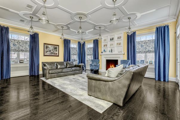 Fireplace, Interior, Living room, Pendant Lights, Wood Texture Flooring
