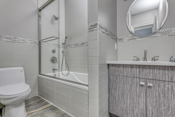 Bathroom, Glass Shower, Interior, Wood Texture Flooring