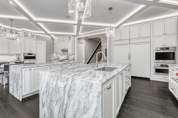 Chandelier, Interior, Kitchen, Pendant Lights, Recessed Lighting, Stainless Steel Appliances, Wood Texture Flooring