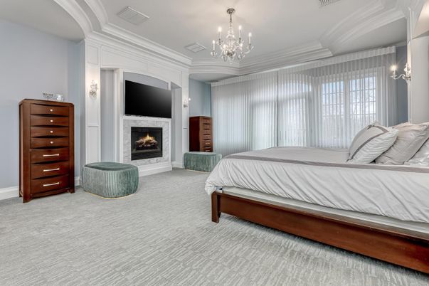 Bedroom, Chandelier, Fireplace, Interior