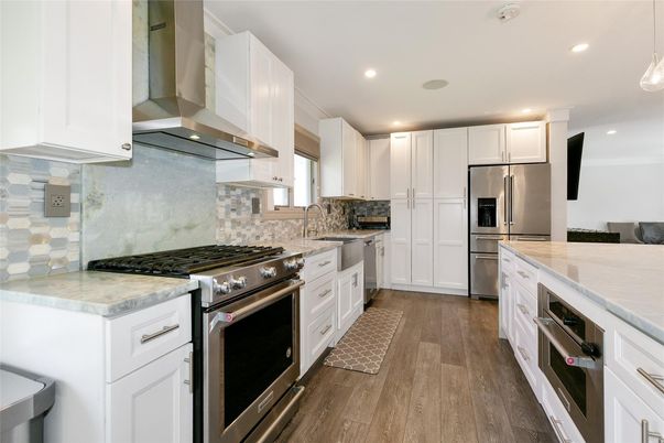 Interior, Kitchen, Pendant Lights, Recessed Lighting, Stainless Steel Appliances, Wood Texture Flooring