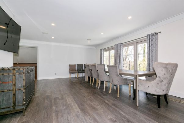 Dining room, Interior, Recessed Lighting, Wood Texture Flooring