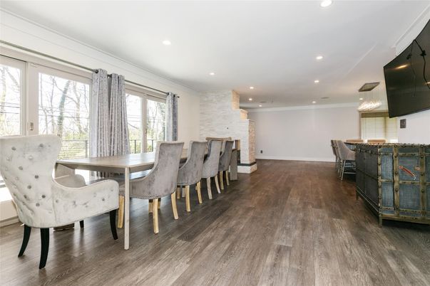 Dining room, Interior, Pendant Lights, Recessed Lighting, Stone Walls, Wood Texture Flooring