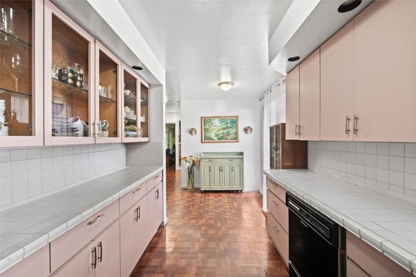 Interior, Kitchen, Tile Countertops, Wood Texture Flooring