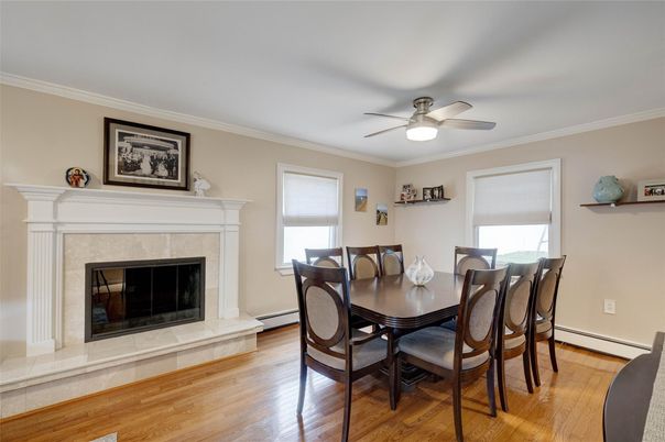 Dining room, Fireplace, Interior, Wood Texture Flooring